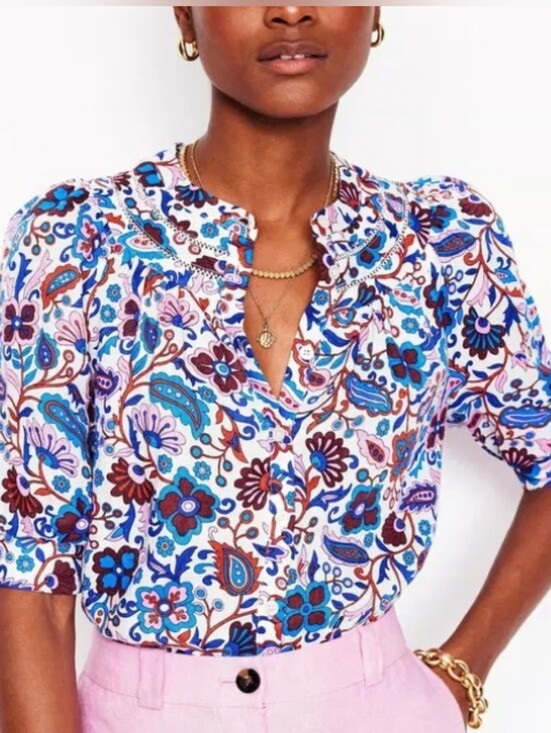Boden Tops - Boden Bea Linen Floral Top White Blue Size 2
